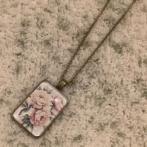 Peonies Floral Antique Styled Glass Cabochon Pendant Necklace NWT Handcrafted